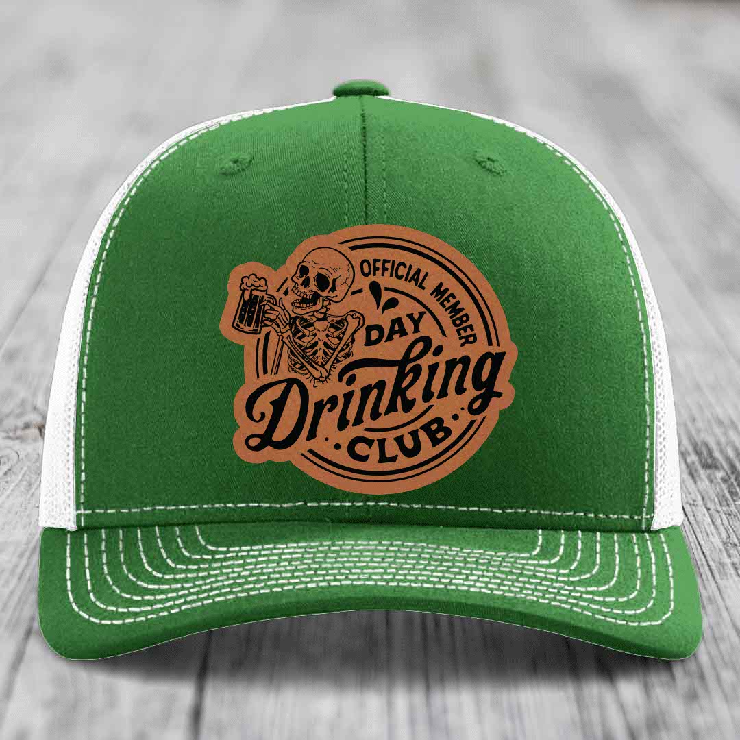 Official Member, Day Drinking Club - Leather Patch Hat - Rawhide to Black Patch - Richardson 112 Snapback Trucker Hat