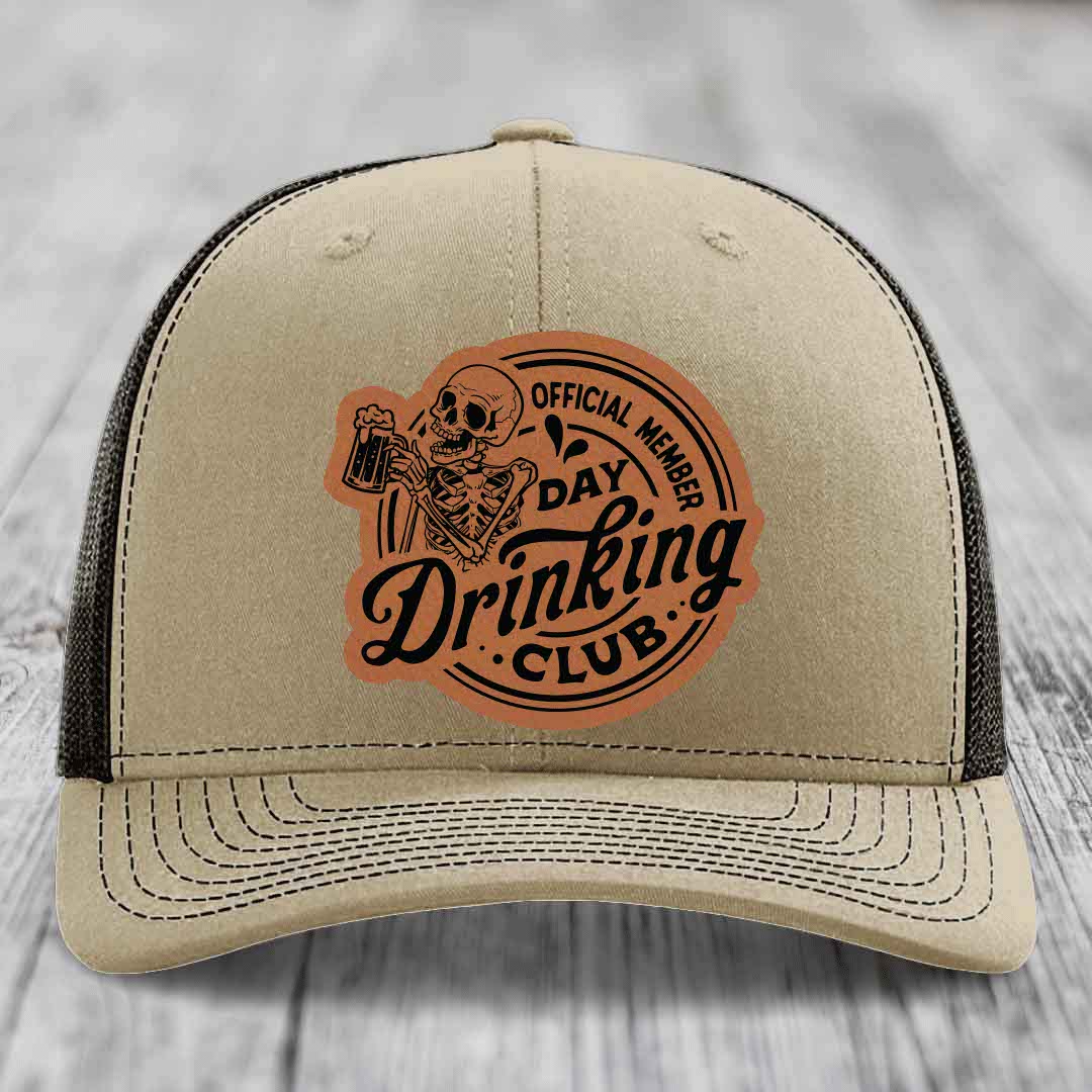 Official Member, Day Drinking Club - Leather Patch Hat - Rawhide to Black Patch - Richardson 112 Snapback Trucker Hat