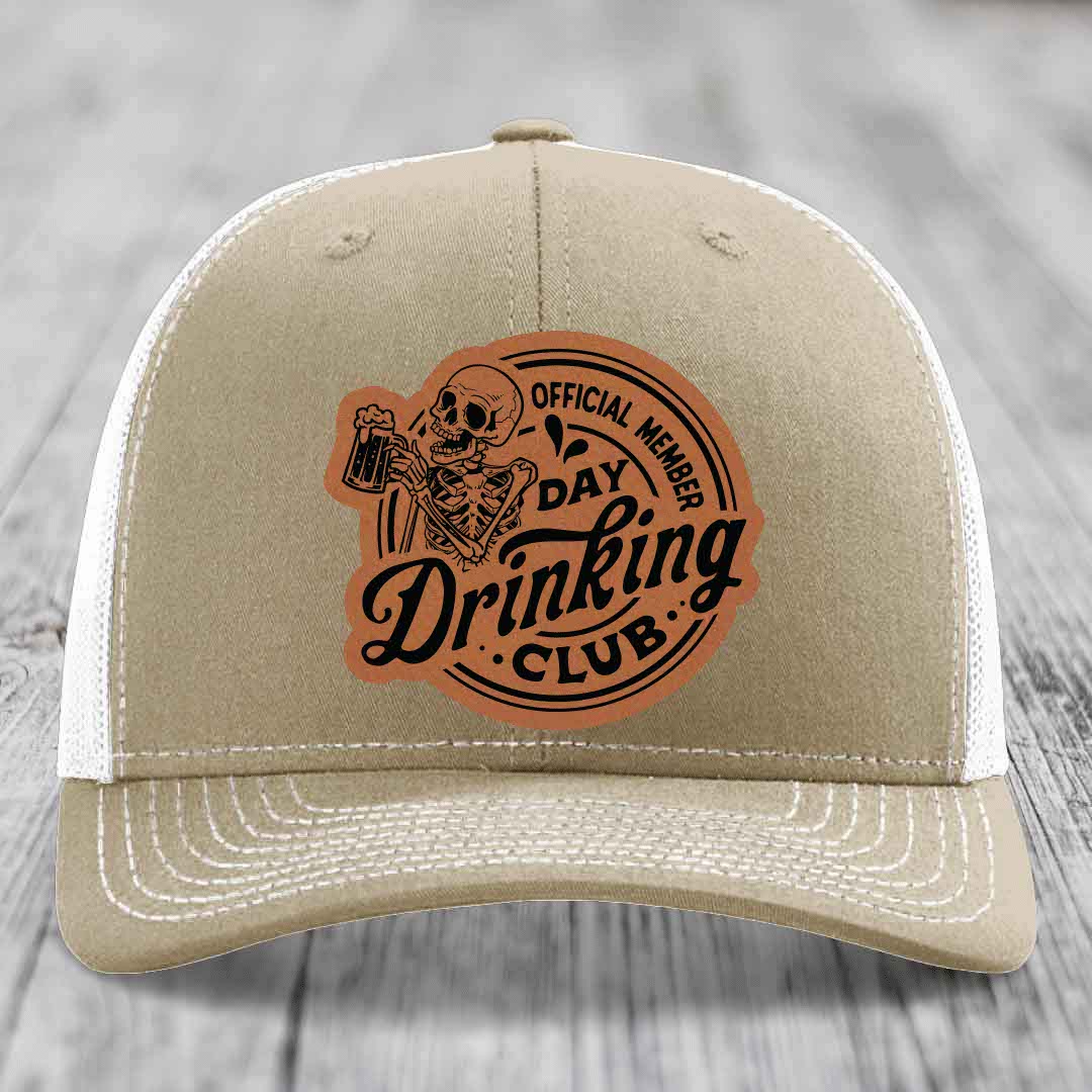 Official Member, Day Drinking Club - Leather Patch Hat - Rawhide to Black Patch - Richardson 112 Snapback Trucker Hat
