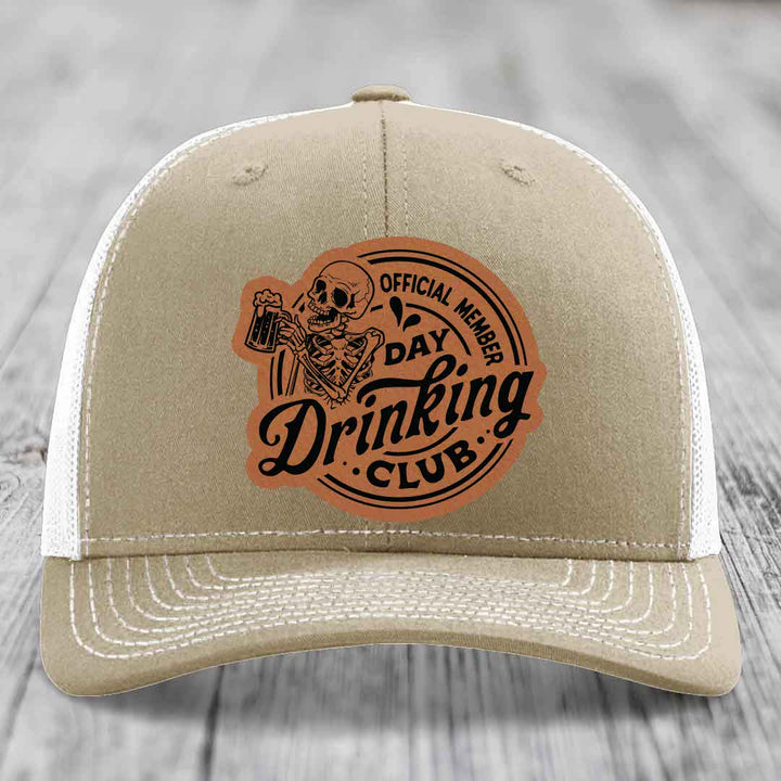 Official Member, Day Drinking Club - Leather Patch Hat - Rawhide to Black Patch - Richardson 112 Snapback Trucker Hat
