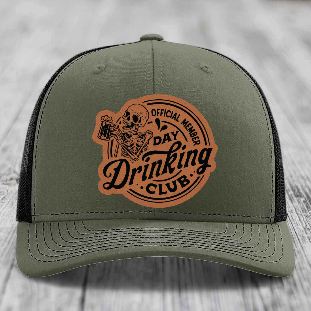 Official Member, Day Drinking Club - Leather Patch Hat - Rawhide to Black Patch - Richardson 112 Snapback Trucker Hat