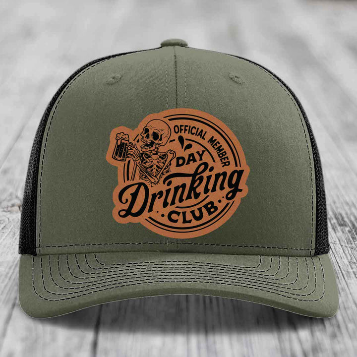 Official Member, Day Drinking Club - Leather Patch Hat - Rawhide to Black Patch - Richardson 112 Snapback Trucker Hat