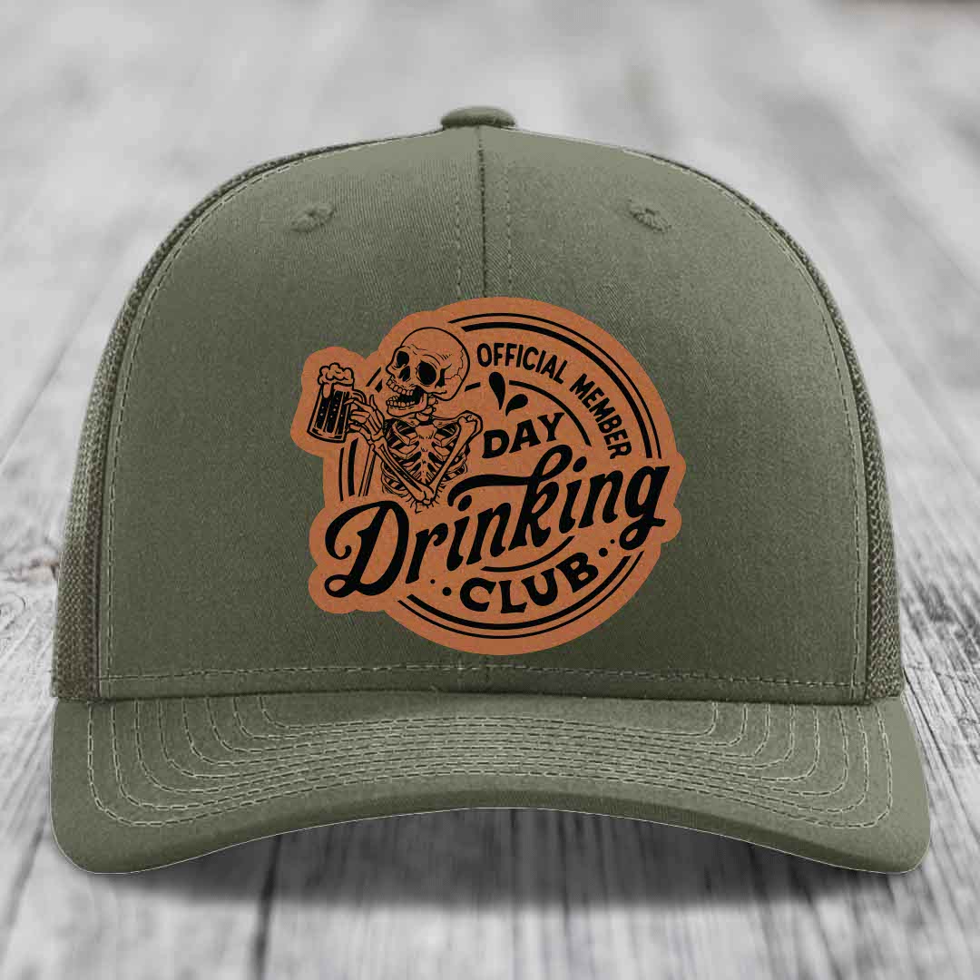 Official Member, Day Drinking Club - Leather Patch Hat - Rawhide to Black Patch - Richardson 112 Snapback Trucker Hat