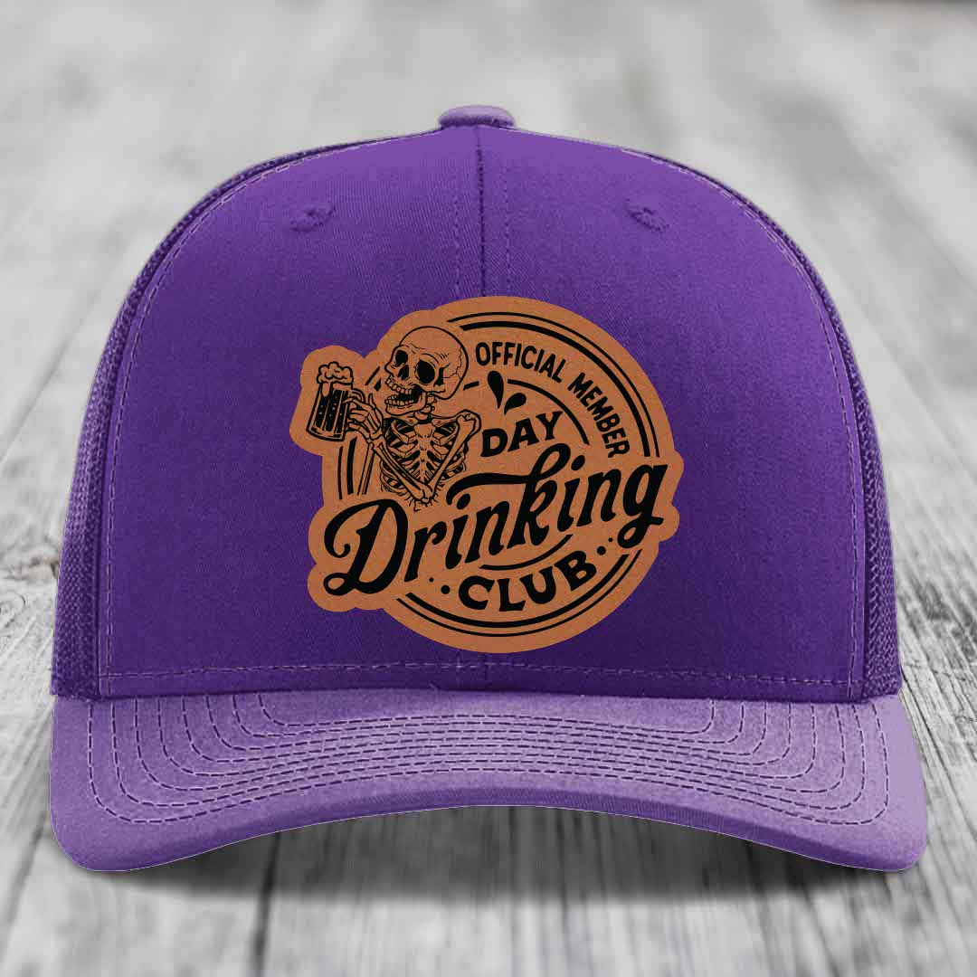 Official Member, Day Drinking Club - Leather Patch Hat - Rawhide to Black Patch - Richardson 112 Snapback Trucker Hat
