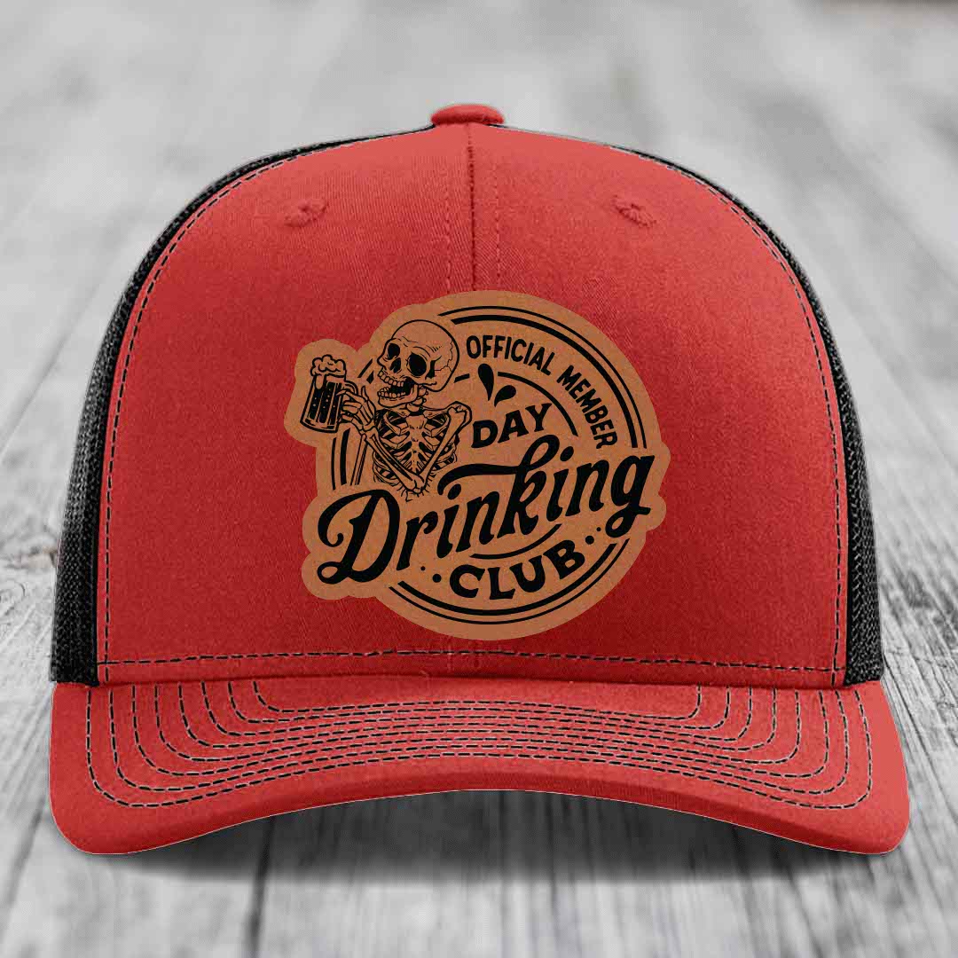 Official Member, Day Drinking Club - Leather Patch Hat - Rawhide to Black Patch - Richardson 112 Snapback Trucker Hat