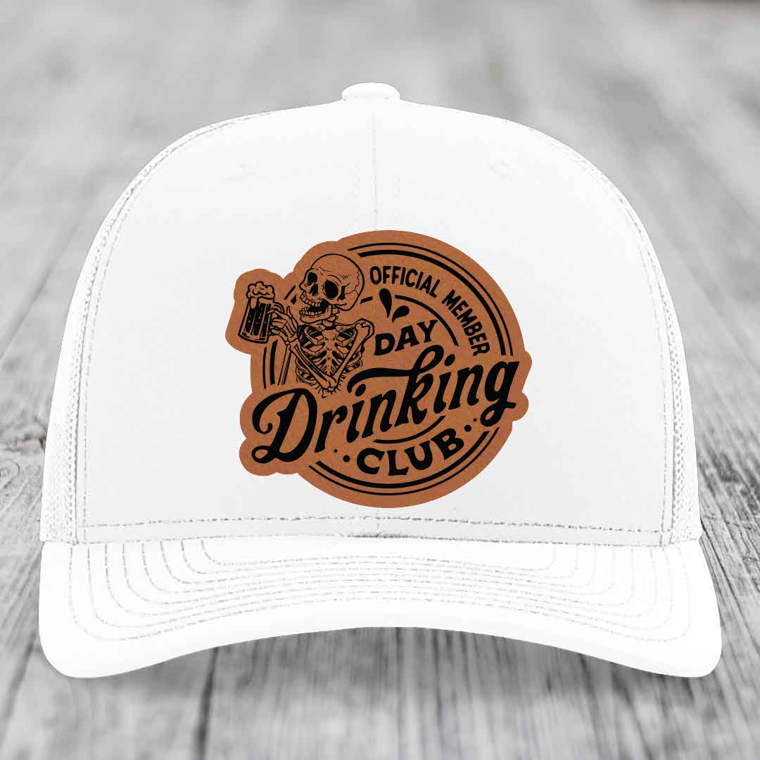 Official Member, Day Drinking Club - Leather Patch Hat - Rawhide to Black Patch - Richardson 112 Snapback Trucker Hat