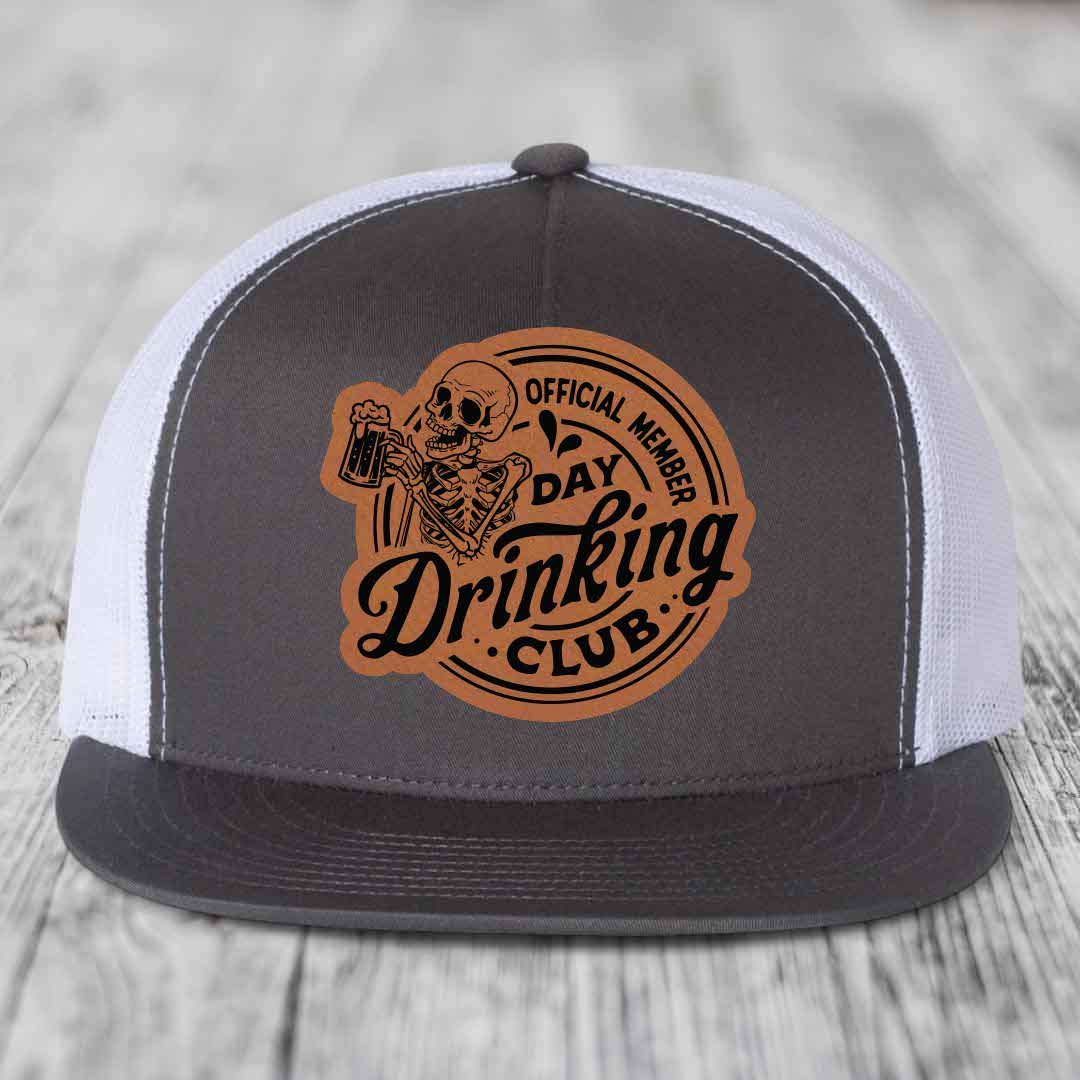 Official Member, Day Drinking Club - Leather Patch Hat - Rawhide to Black Patch - Yupoong 6006 Snapback Flatbill Hat