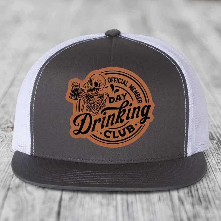 Official Member, Day Drinking Club - Leather Patch Hat - Rawhide to Black Patch - Yupoong 6006 Snapback Flatbill Hat