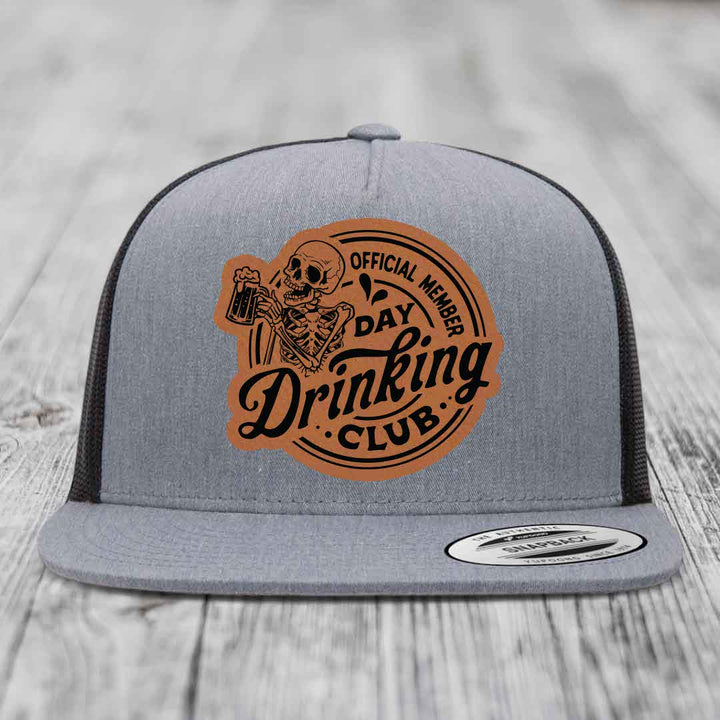Official Member, Day Drinking Club - Leather Patch Hat - Rawhide to Black Patch - Yupoong 6006 Snapback Flatbill Hat