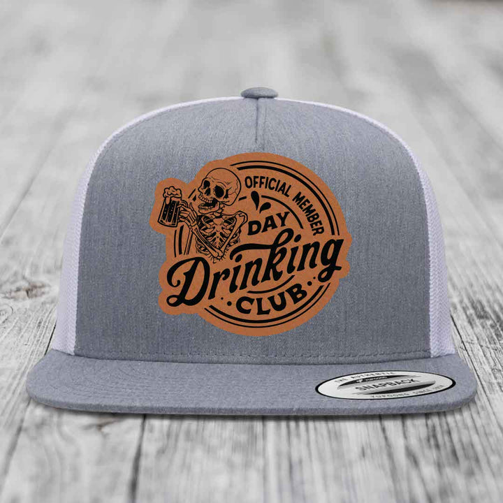 Official Member, Day Drinking Club - Leather Patch Hat - Rawhide to Black Patch - Yupoong 6006 Snapback Flatbill Hat