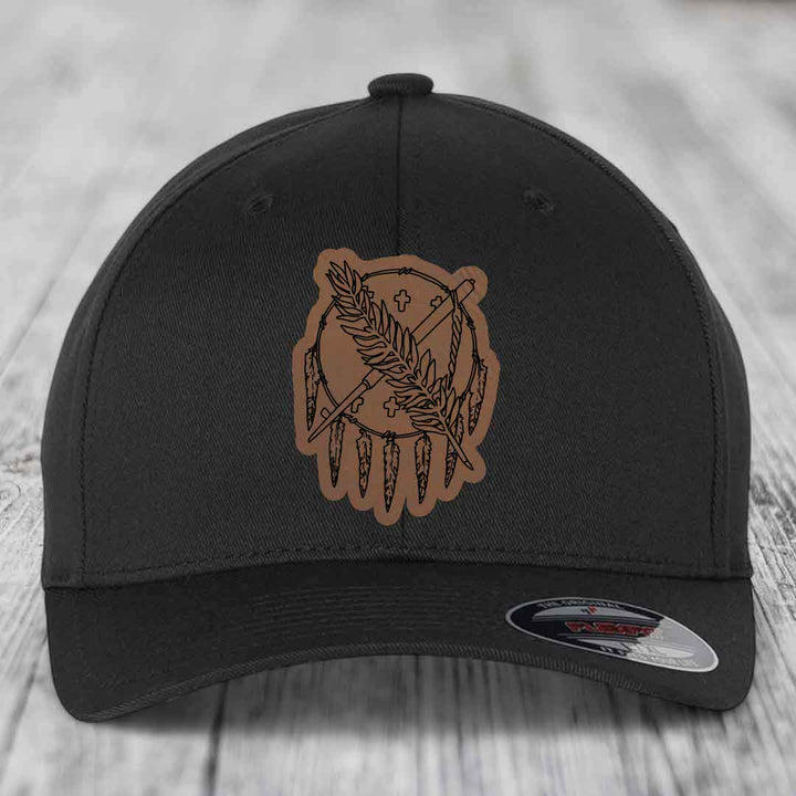 Oklahoma State Flag - Leather Patch Hat - Dark Brown to Black Patch - Flexfit 6277 Fitted Hat