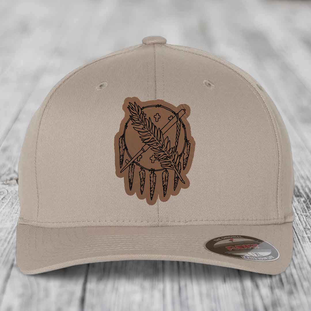 Oklahoma State Flag - Leather Patch Hat - Dark Brown to Black Patch - Flexfit 6277 Fitted Hat