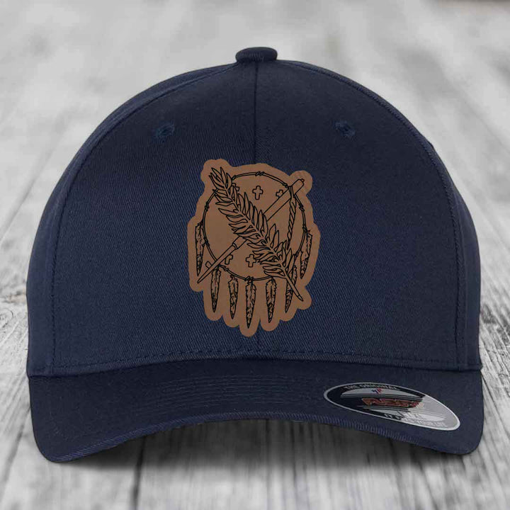 Oklahoma State Flag - Leather Patch Hat - Dark Brown to Black Patch - Flexfit 6277 Fitted Hat