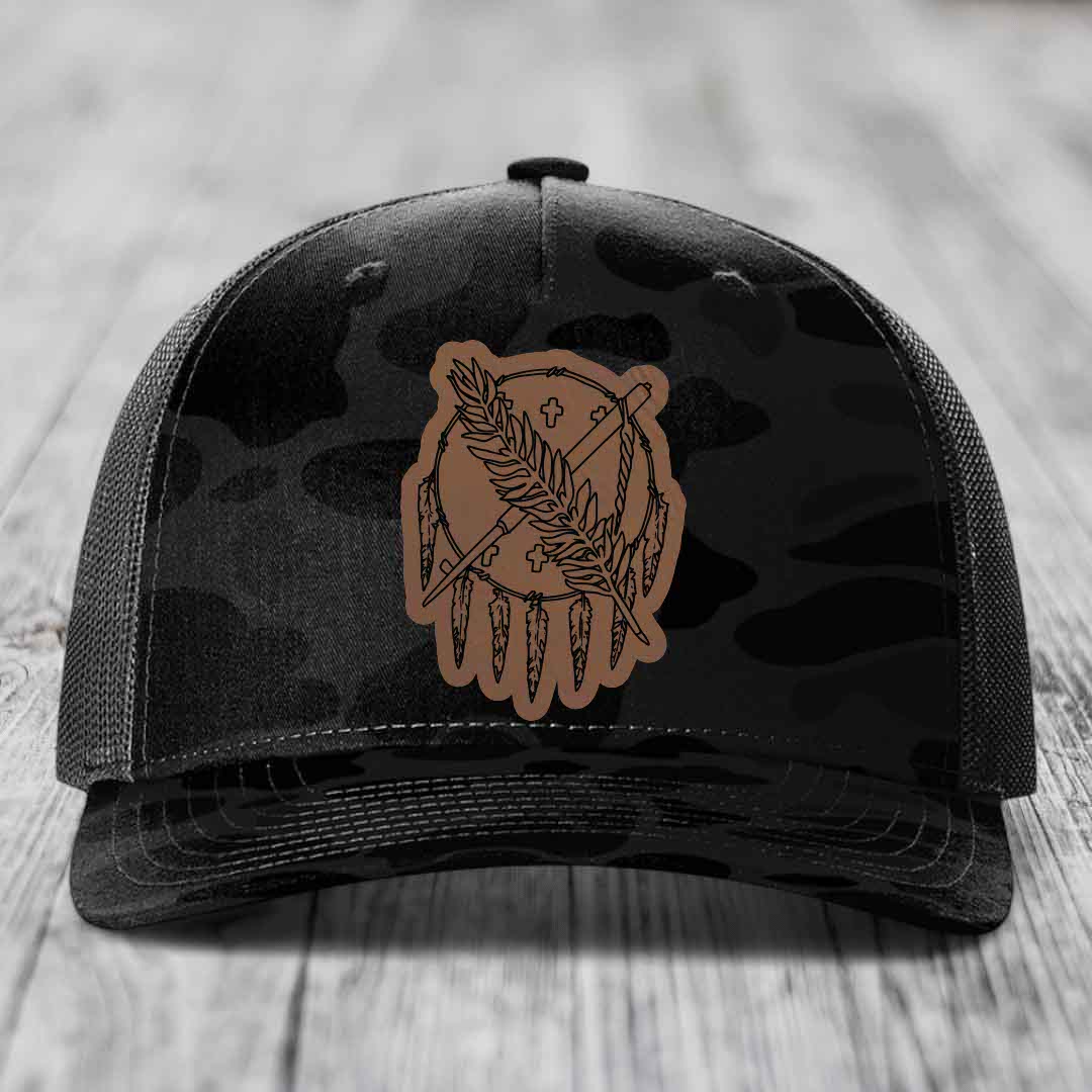 Oklahoma State Flag - Leather Patch Hat - Dark Brown to Black Patch - Richardson 112PFP Snapback Trucker Hat