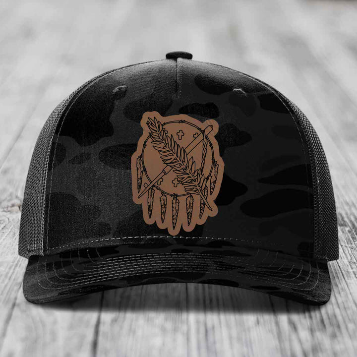 Oklahoma State Flag - Leather Patch Hat - Dark Brown to Black Patch - Richardson 112PFP Snapback Trucker Hat
