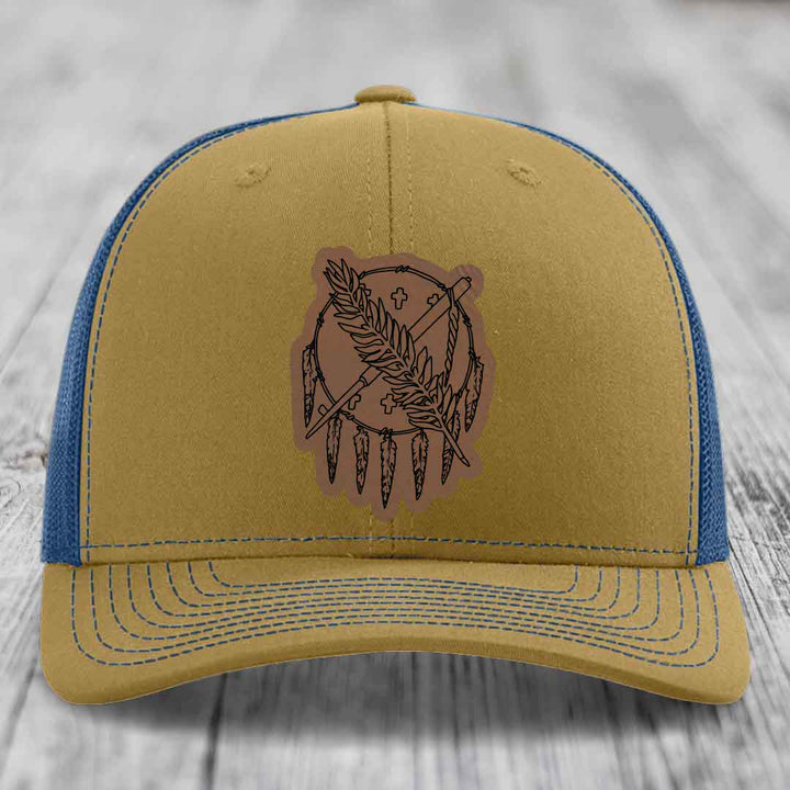 Oklahoma State Flag - Leather Patch Hat - Dark Brown to Black Patch - Richardson 112 Snapback Trucker Hat