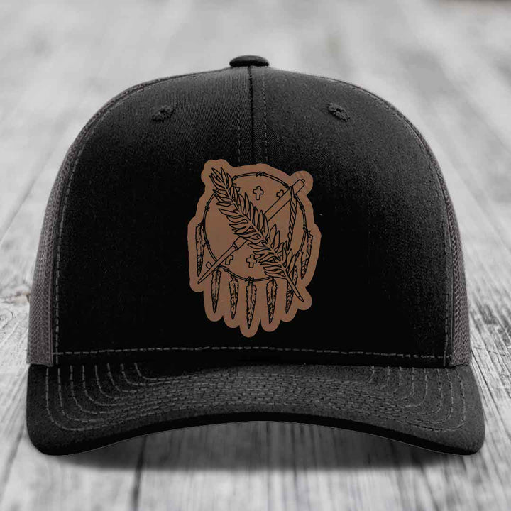 Oklahoma State Flag - Leather Patch Hat - Dark Brown to Black Patch - Richardson 112 Snapback Trucker Hat