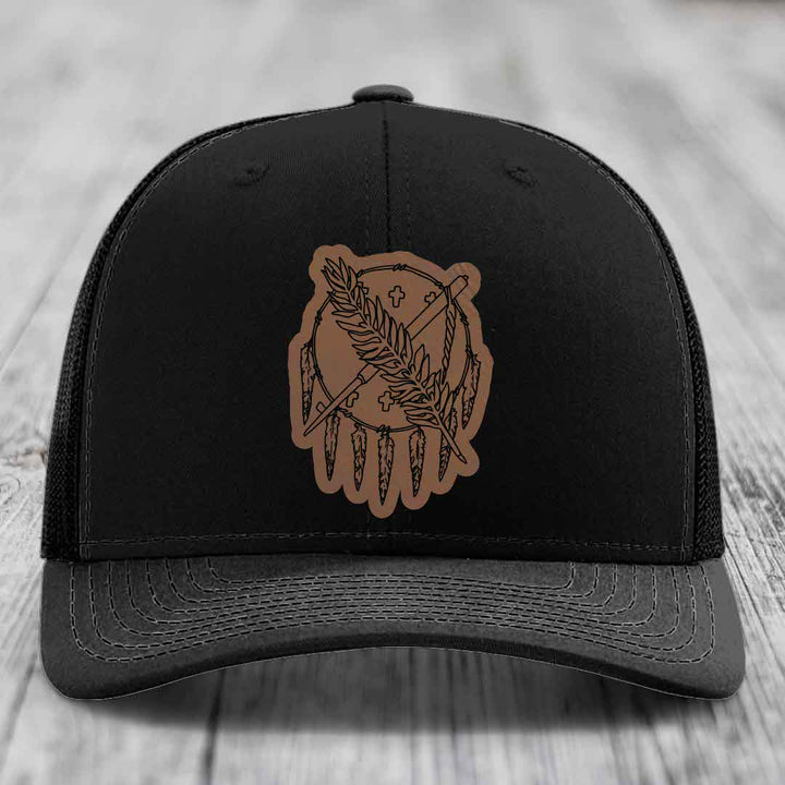 Oklahoma State Flag - Leather Patch Hat - Dark Brown to Black Patch - Richardson 112 Snapback Trucker Hat