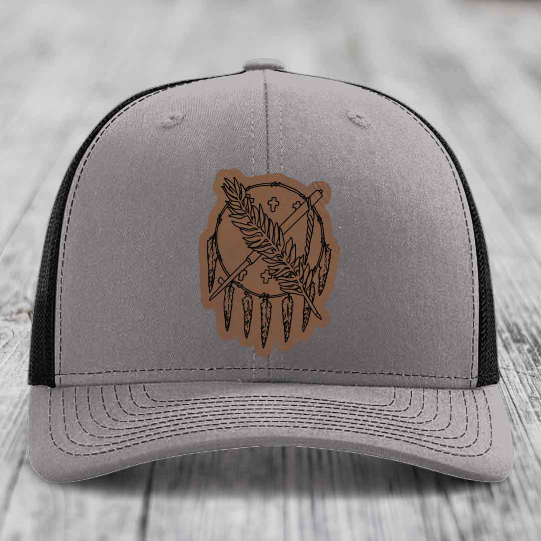 Oklahoma State Flag - Leather Patch Hat - Dark Brown to Black Patch - Richardson 112 Snapback Trucker Hat