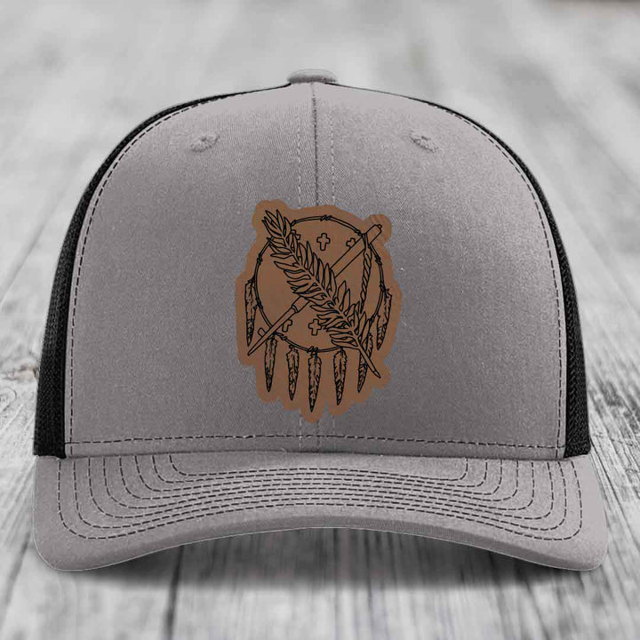 Oklahoma State Flag - Leather Patch Hat - Dark Brown to Black Patch - Richardson 112 Snapback Trucker Hat
