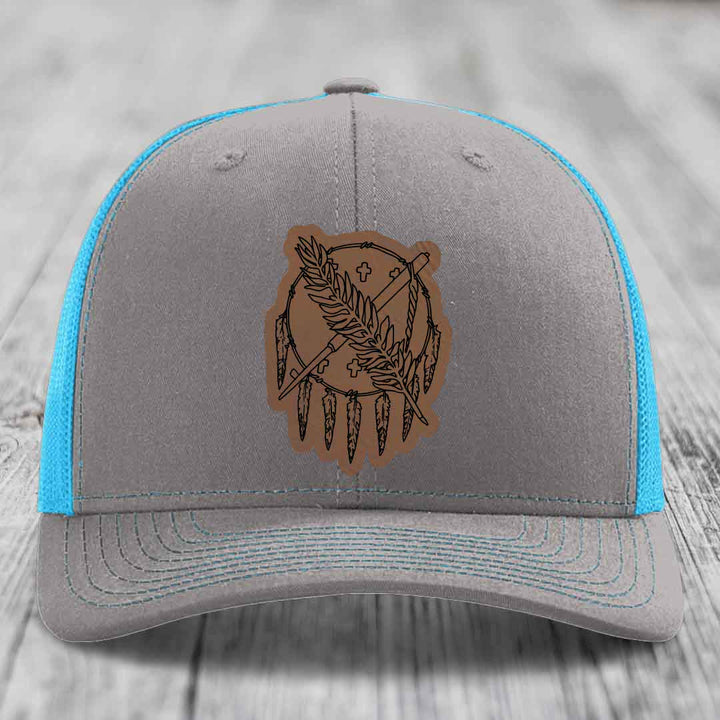 Oklahoma State Flag - Leather Patch Hat - Dark Brown to Black Patch - Richardson 112 Snapback Trucker Hat