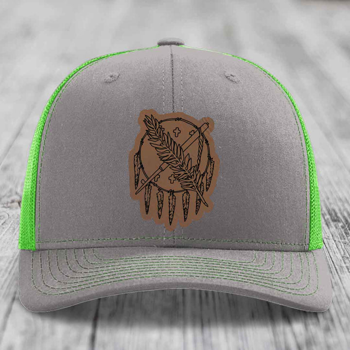 Oklahoma State Flag - Leather Patch Hat - Dark Brown to Black Patch - Richardson 112 Snapback Trucker Hat