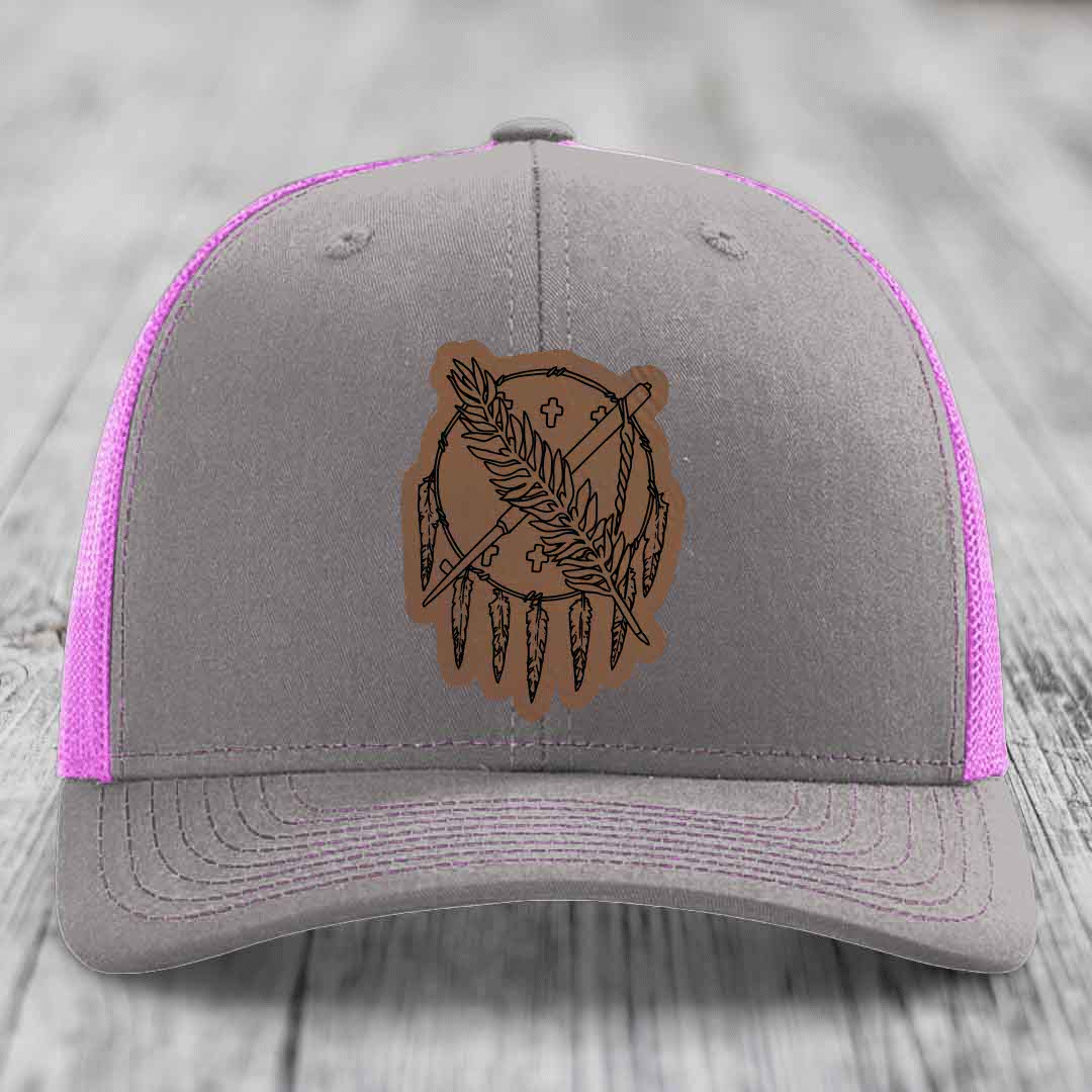 Oklahoma State Flag - Leather Patch Hat - Dark Brown to Black Patch - Richardson 112 Snapback Trucker Hat