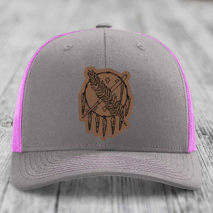 Oklahoma State Flag - Leather Patch Hat - Dark Brown to Black Patch - Richardson 112 Snapback Trucker Hat