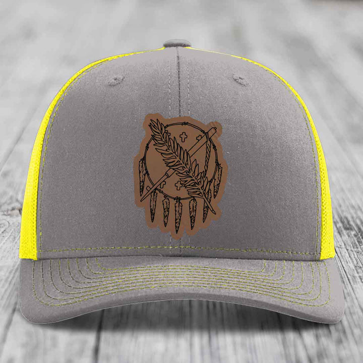 Oklahoma State Flag - Leather Patch Hat - Dark Brown to Black Patch - Richardson 112 Snapback Trucker Hat