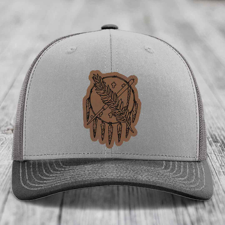 Oklahoma State Flag - Leather Patch Hat - Dark Brown to Black Patch - Richardson 112 Snapback Trucker Hat