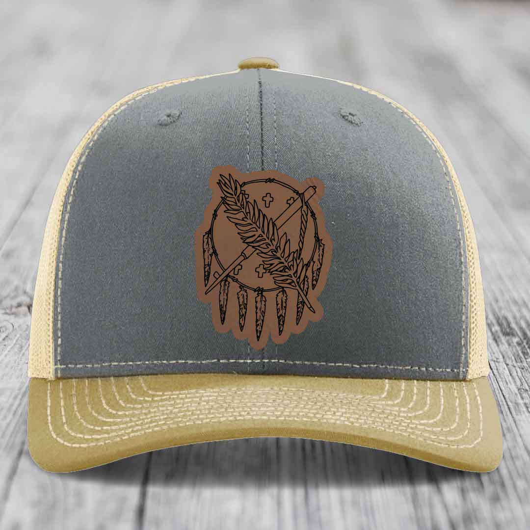 Oklahoma State Flag - Leather Patch Hat - Dark Brown to Black Patch - Richardson 112 Snapback Trucker Hat