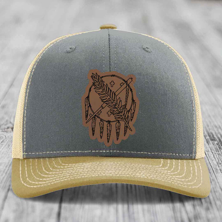 Oklahoma State Flag - Leather Patch Hat - Dark Brown to Black Patch - Richardson 112 Snapback Trucker Hat