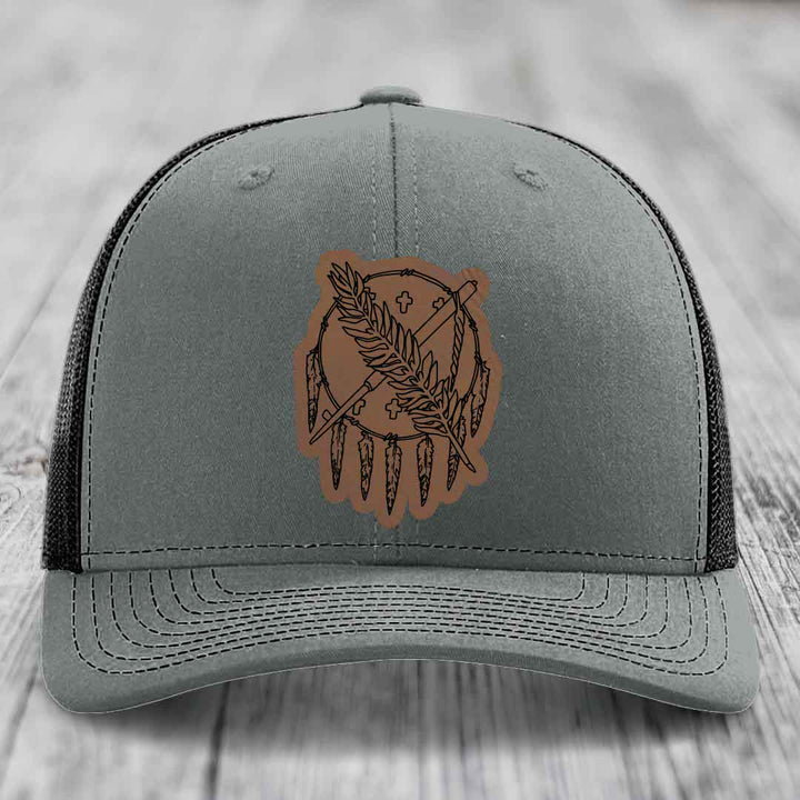 Oklahoma State Flag - Leather Patch Hat - Dark Brown to Black Patch - Richardson 112 Snapback Trucker Hat