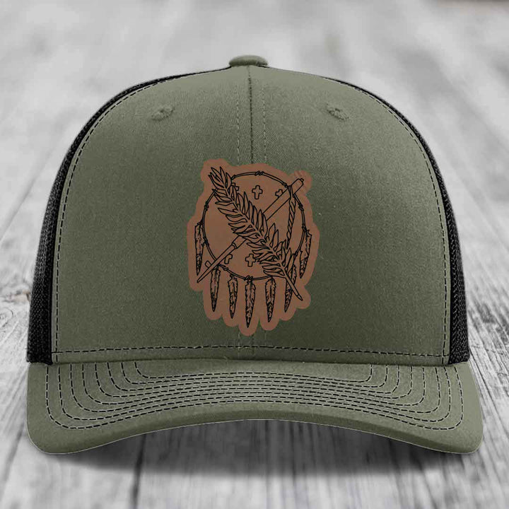 Oklahoma State Flag - Leather Patch Hat - Dark Brown to Black Patch - Richardson 112 Snapback Trucker Hat