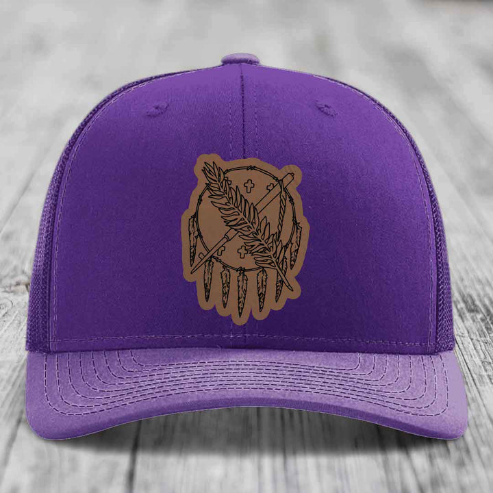 Oklahoma State Flag - Leather Patch Hat - Dark Brown to Black Patch - Richardson 112 Snapback Trucker Hat