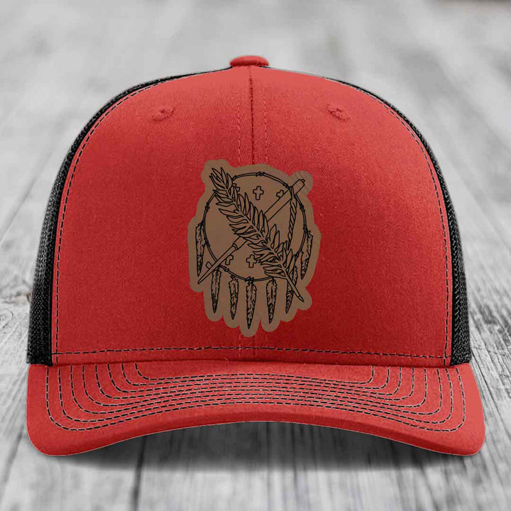 Oklahoma State Flag - Leather Patch Hat - Dark Brown to Black Patch - Richardson 112 Snapback Trucker Hat