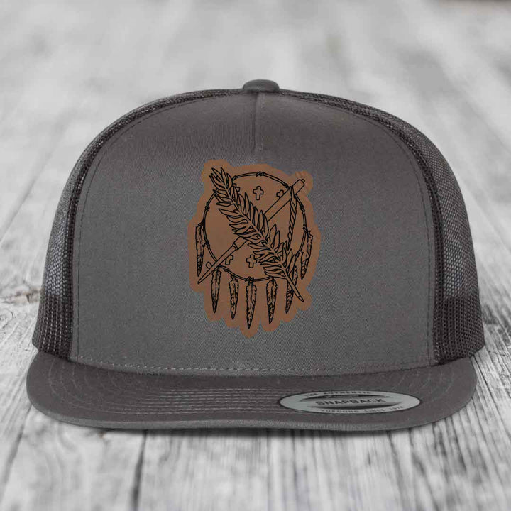 Oklahoma State Flag - Leather Patch Hat - Dark Brown to Black Patch - Yupoong 6006 Snapback Flatbill Hat