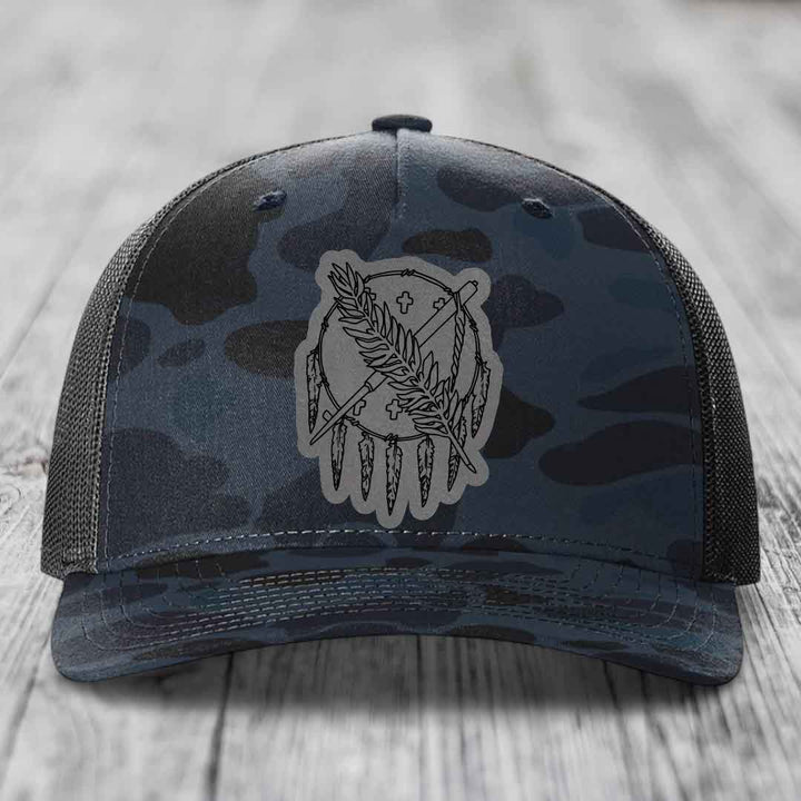 Oklahoma State Flag - Leather Patch Hat - Grey to Black Patch - Richardson 112PFP Snapback Trucker Hat