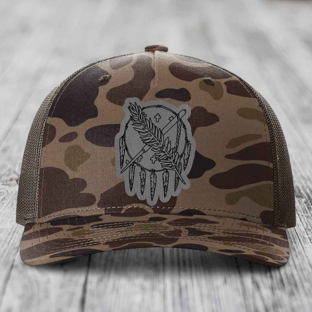 Oklahoma State Flag - Leather Patch Hat - Grey to Black Patch - Richardson 112PFP Snapback Trucker Hat