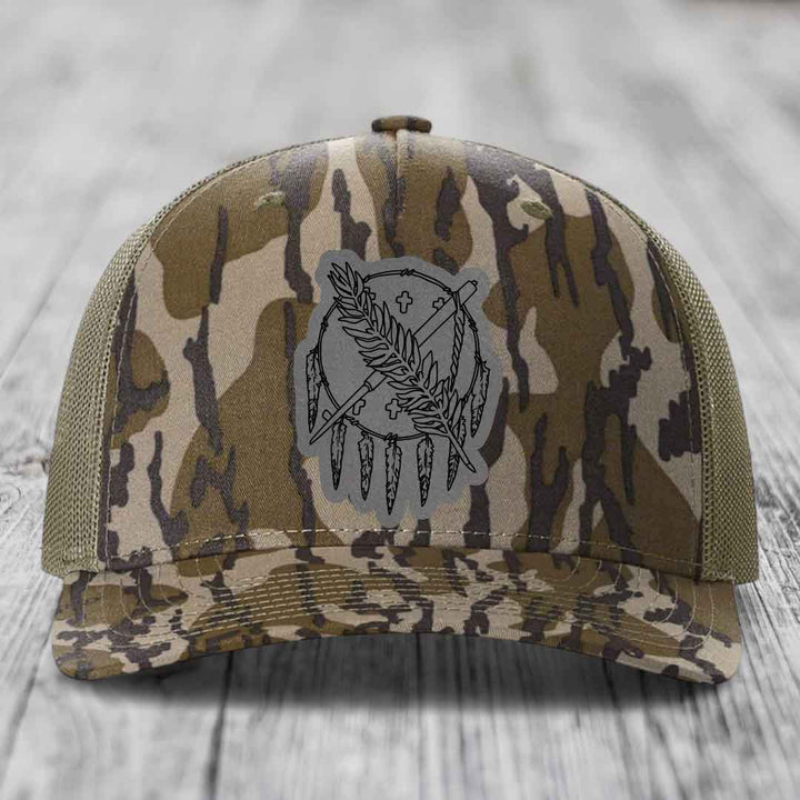 Oklahoma State Flag - Leather Patch Hat - Grey to Black Patch - Richardson 112PFP Snapback Trucker Hat