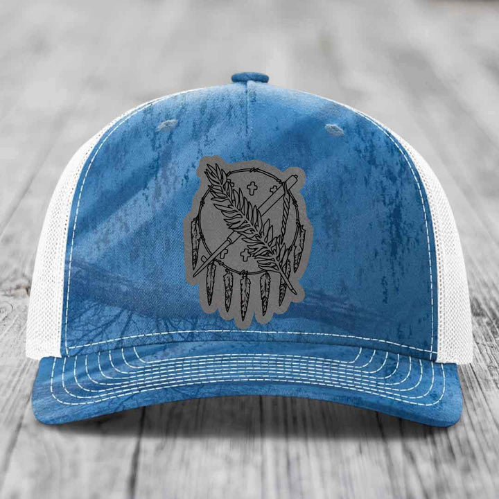 Oklahoma State Flag - Leather Patch Hat - Grey to Black Patch - Richardson 112PFP Snapback Trucker Hat