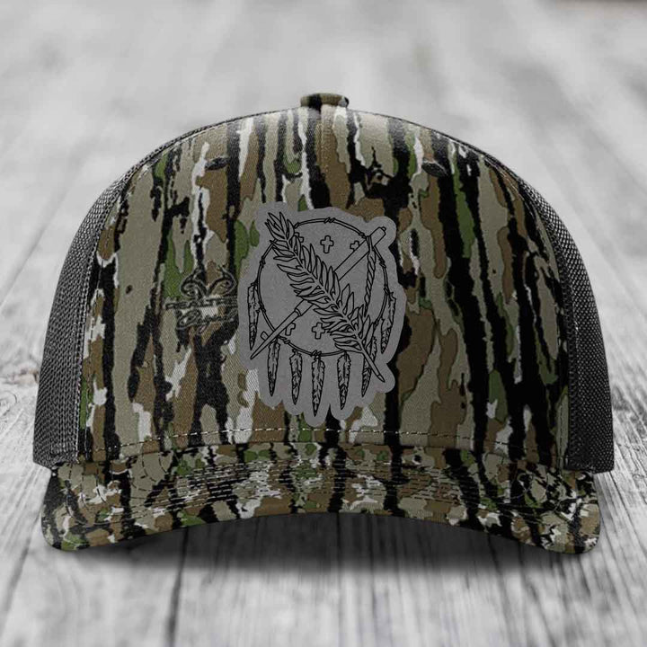Oklahoma State Flag - Leather Patch Hat - Grey to Black Patch - Richardson 112PFP Snapback Trucker Hat