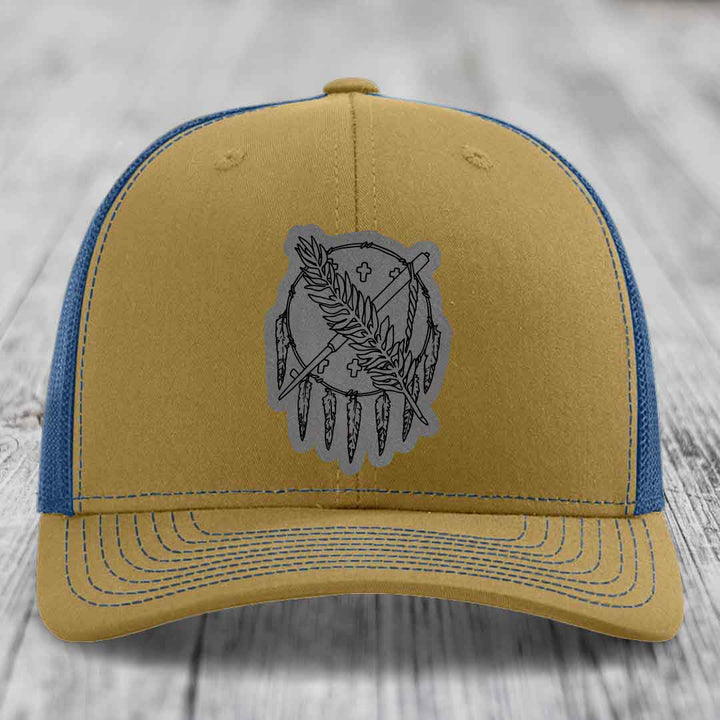 Oklahoma State Flag - Leather Patch Hat - Grey to Black Patch - Richardson 112 Snapback Trucker Hat