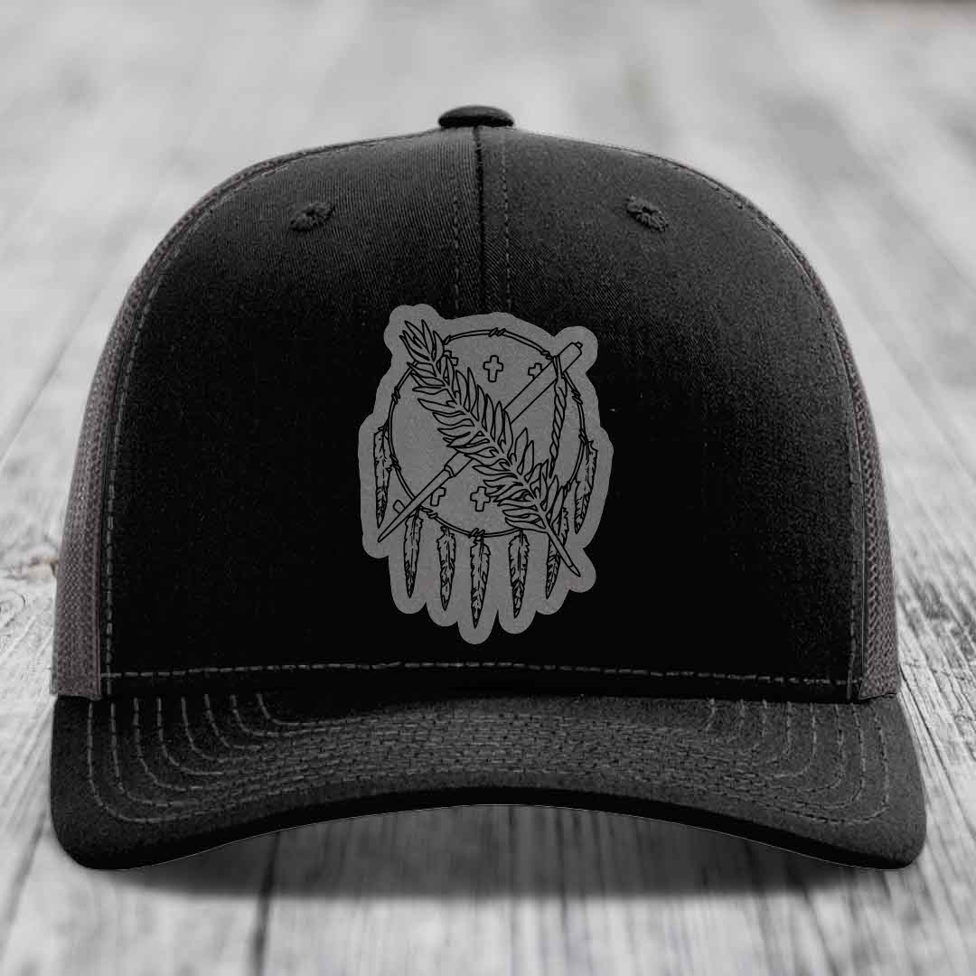 Oklahoma State Flag - Leather Patch Hat - Grey to Black Patch - Richardson 112 Snapback Trucker Hat