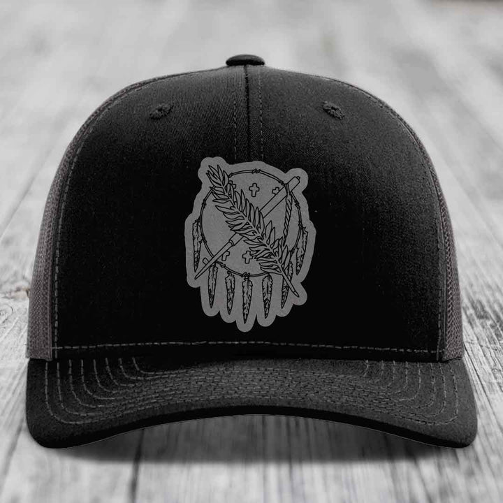 Oklahoma State Flag - Leather Patch Hat - Grey to Black Patch - Richardson 112 Snapback Trucker Hat