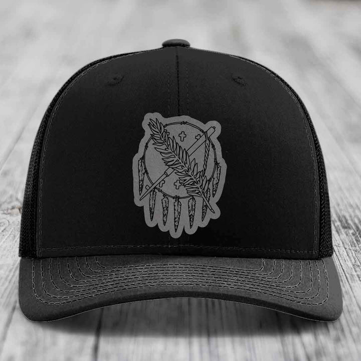 Oklahoma State Flag - Leather Patch Hat - Grey to Black Patch - Richardson 112 Snapback Trucker Hat