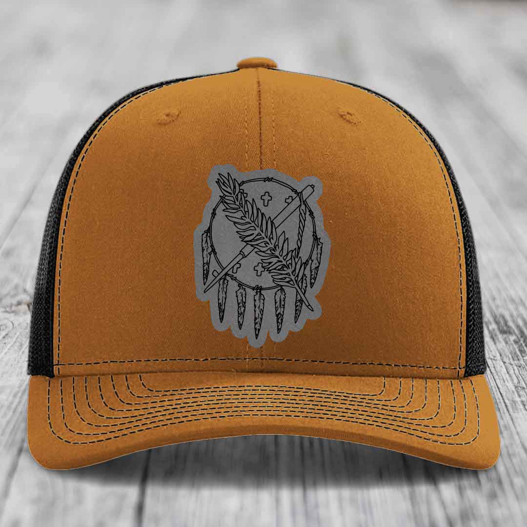 Oklahoma State Flag - Leather Patch Hat - Grey to Black Patch - Richardson 112 Snapback Trucker Hat