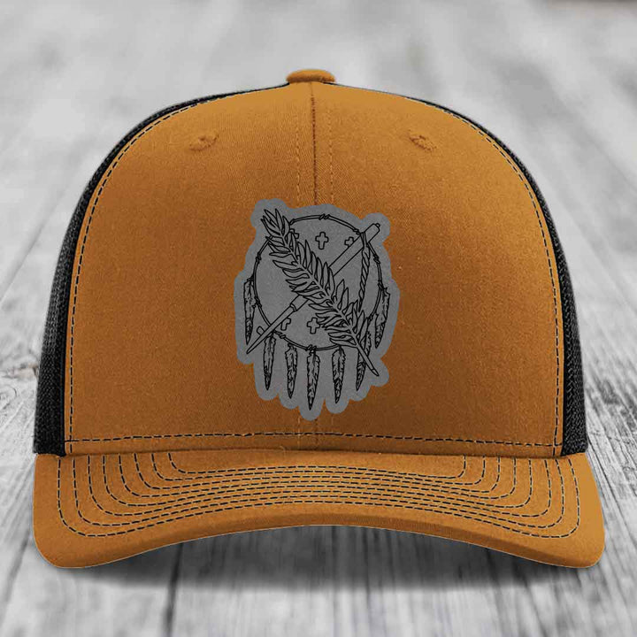 Oklahoma State Flag - Leather Patch Hat - Grey to Black Patch - Richardson 112 Snapback Trucker Hat
