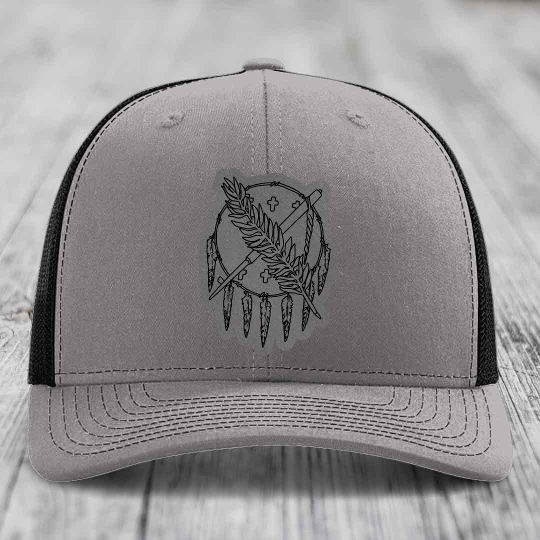 Oklahoma State Flag - Leather Patch Hat - Grey to Black Patch - Richardson 112 Snapback Trucker Hat