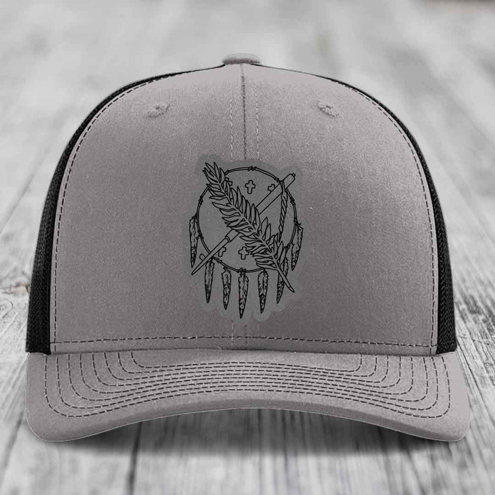 Oklahoma State Flag - Leather Patch Hat - Grey to Black Patch - Richardson 112 Snapback Trucker Hat